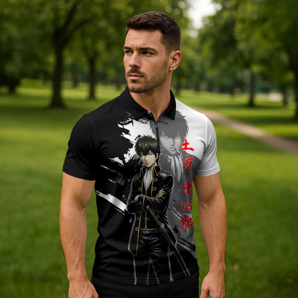 Toshiro Hijikata Zipper Polo Shirt Dark Shinsengumi Ink Style