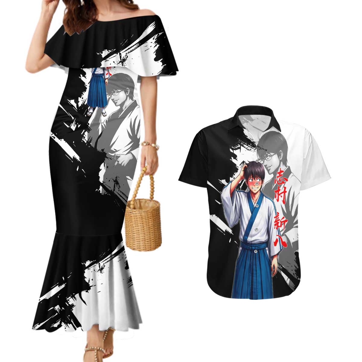 Shinpachi Shimura Couples Matching Mermaid Dress and Hawaiian Shirt Classic Comedy Samurai Ink Style