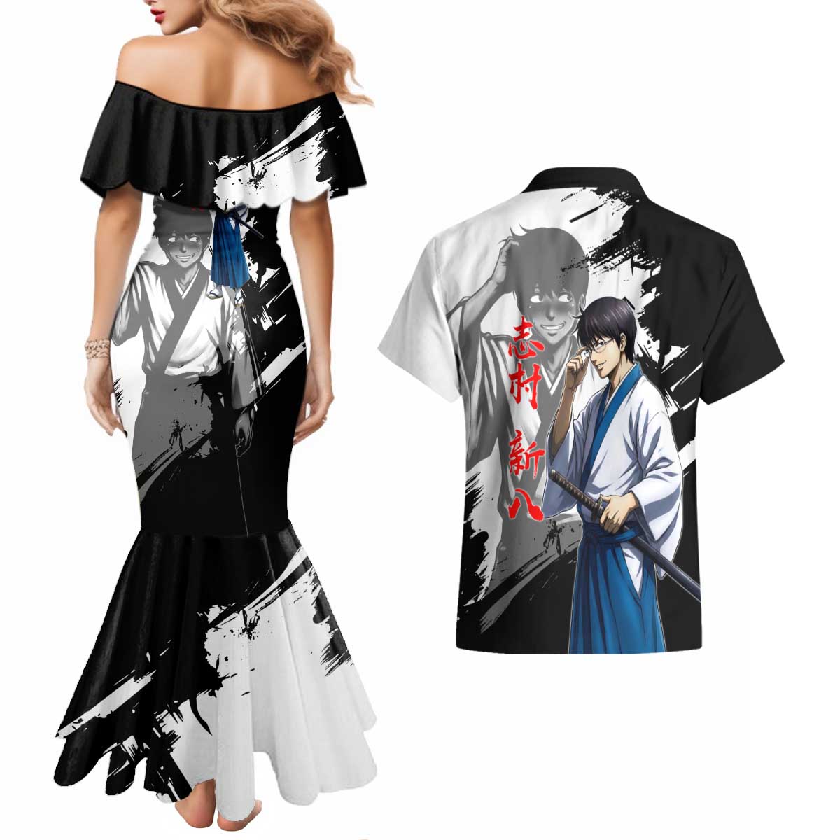 Shinpachi Shimura Couples Matching Mermaid Dress and Hawaiian Shirt Classic Comedy Samurai Ink Style
