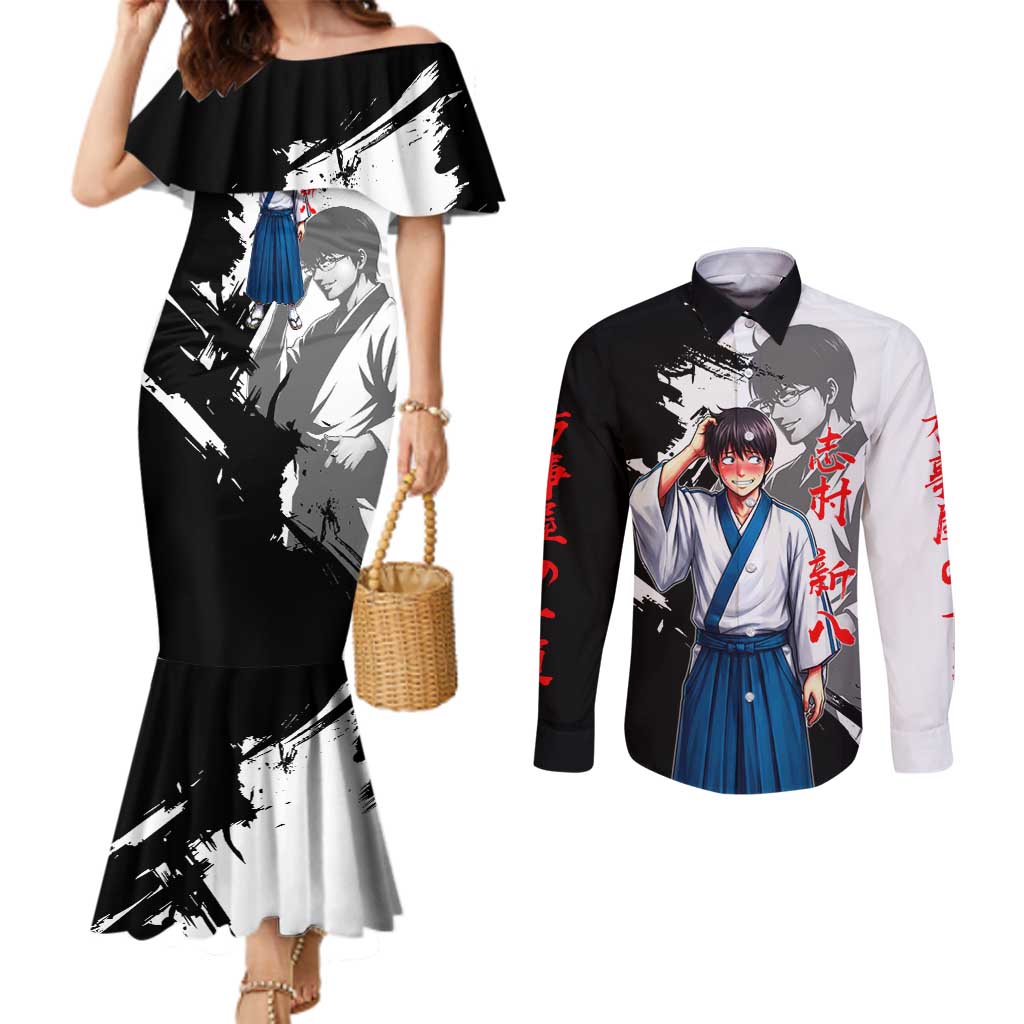 Shinpachi Shimura Couples Matching Mermaid Dress and Long Sleeve Button Shirt Classic Comedy Samurai Ink Style