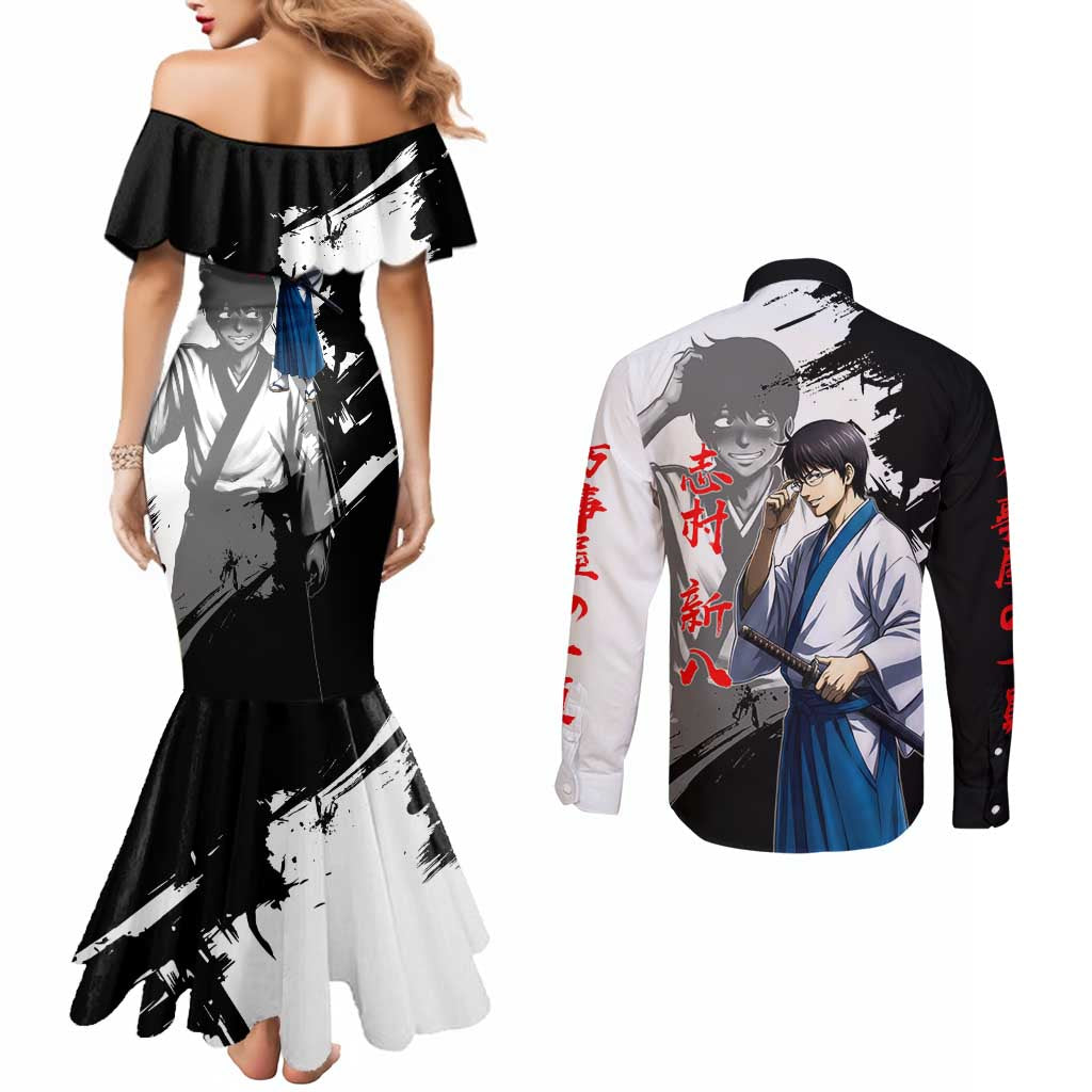 Shinpachi Shimura Couples Matching Mermaid Dress and Long Sleeve Button Shirt Classic Comedy Samurai Ink Style