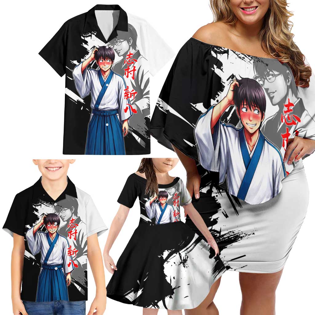 Shinpachi Shimura Family Matching Off Shoulder Short Dress and Hawaiian Shirt Classic Comedy Samurai Ink Style