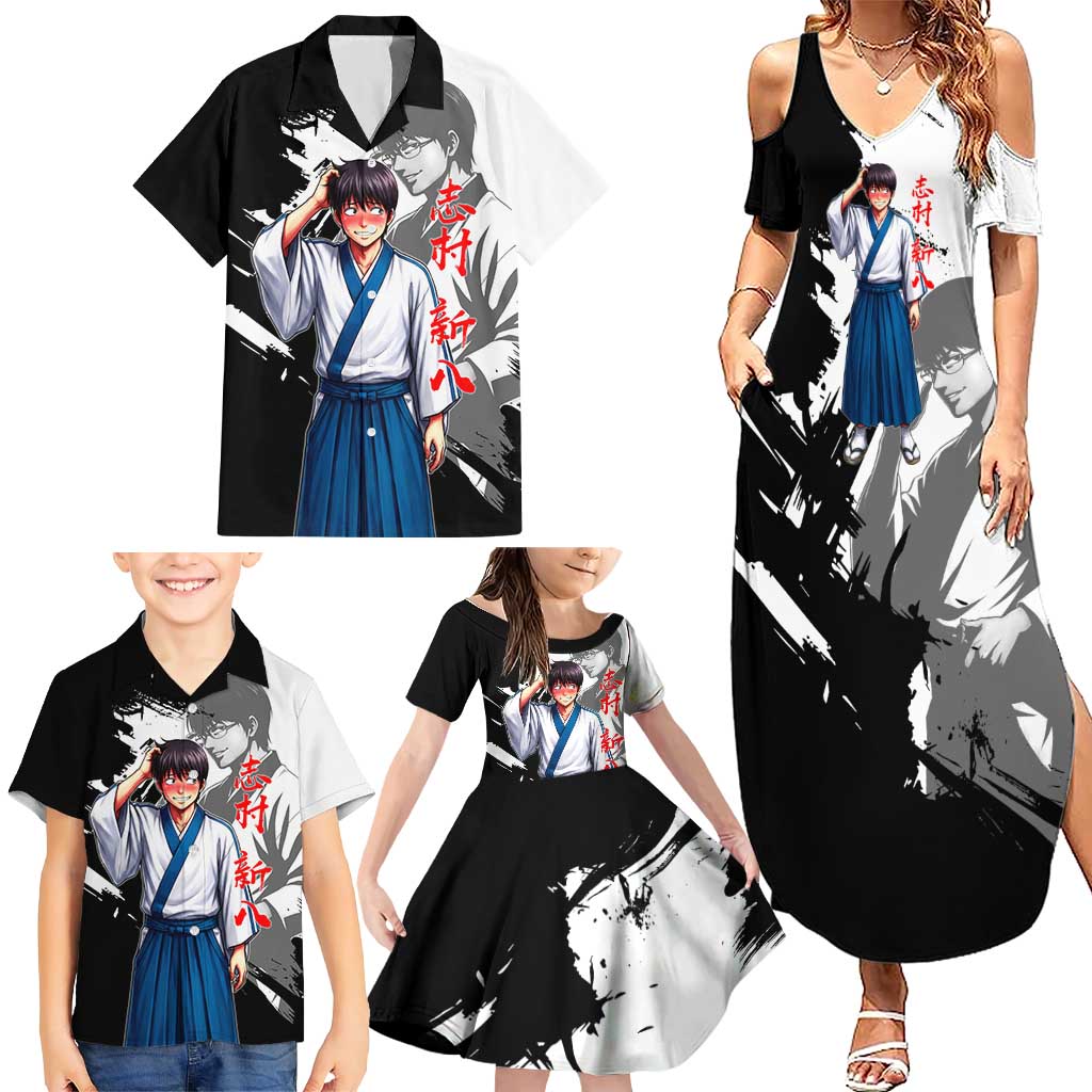 Shinpachi Shimura Family Matching Summer Maxi Dress and Hawaiian Shirt Classic Comedy Samurai Ink Style