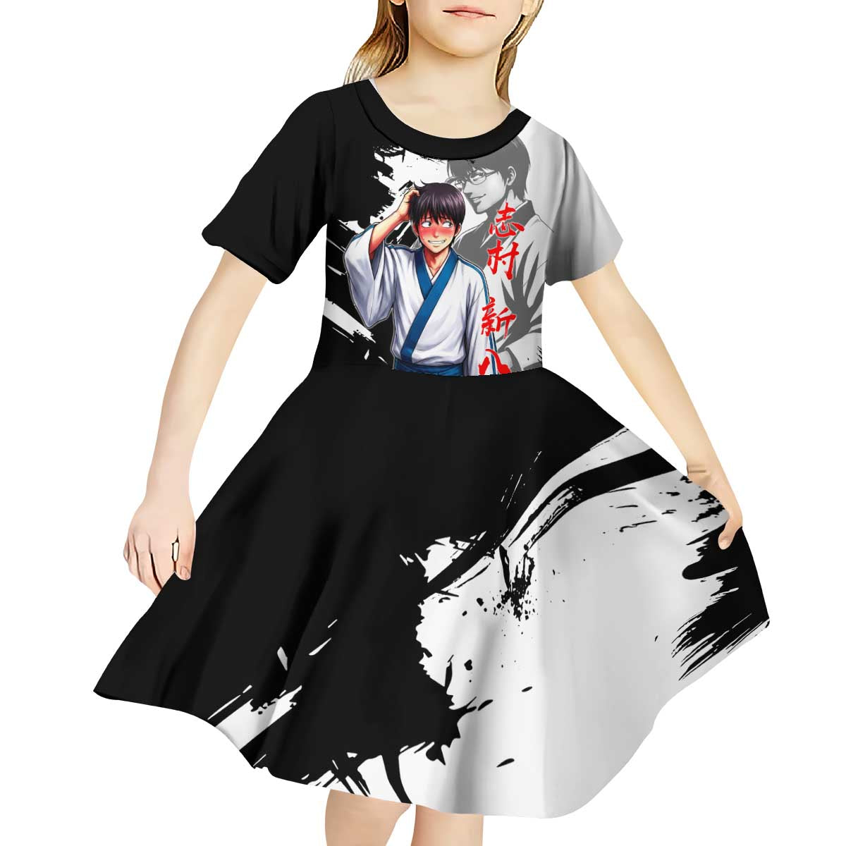 Shinpachi Shimura Kid Short Sleeve Dress Classic Comedy Samurai Ink Style