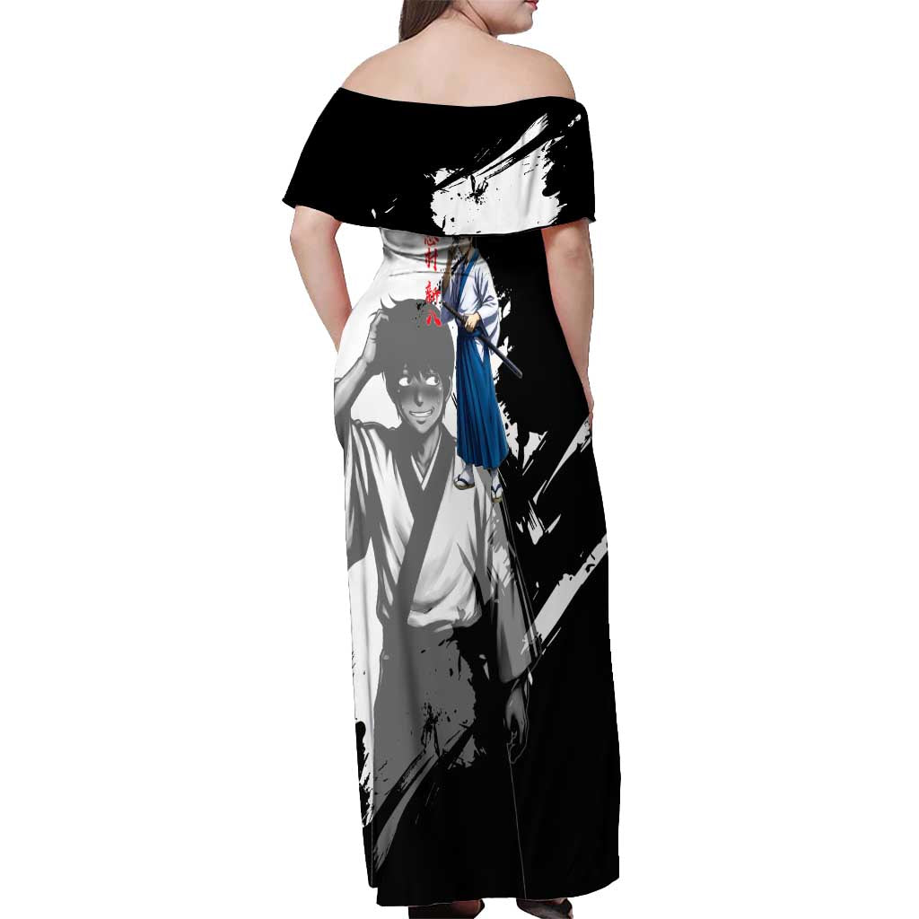 Shinpachi Shimura Off Shoulder Maxi Dress Classic Comedy Samurai Ink Style