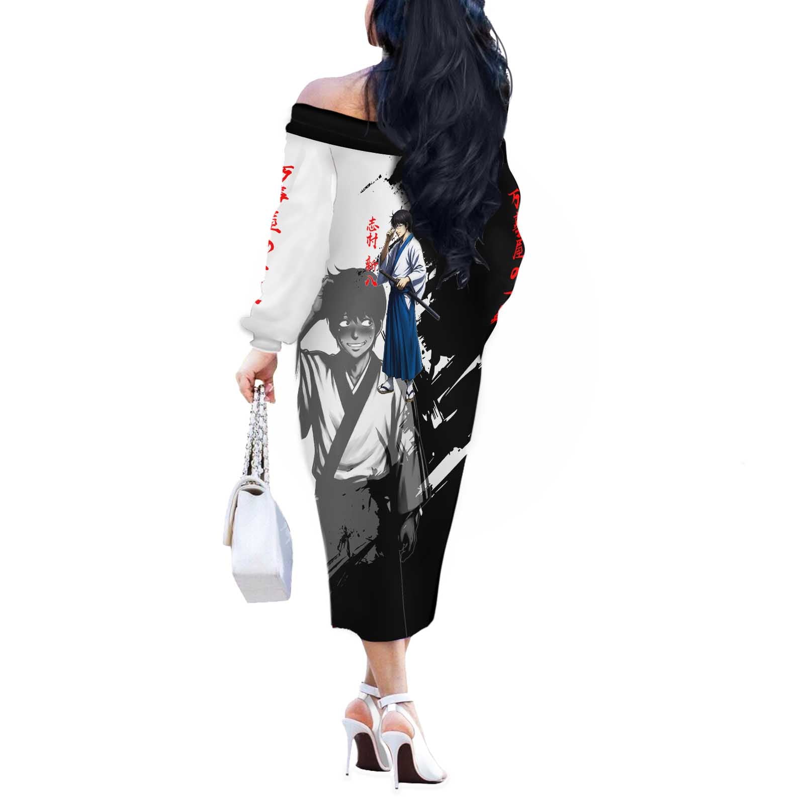 Shinpachi Shimura Off The Shoulder Long Sleeve Dress Classic Comedy Samurai Ink Style