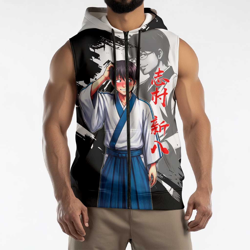 Shinpachi Shimura Sleeveless Zip Hoodie Classic Comedy Samurai Ink Style