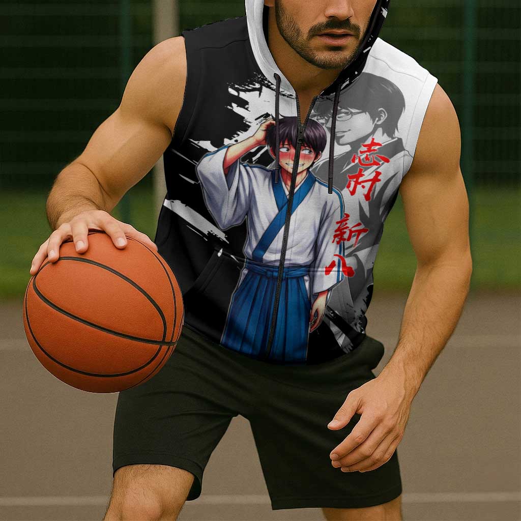 Shinpachi Shimura Sleeveless Zip Hoodie Classic Comedy Samurai Ink Style
