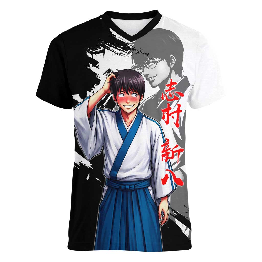 Shinpachi Shimura Women V-Neck T-Shirt Classic Comedy Samurai Ink Style