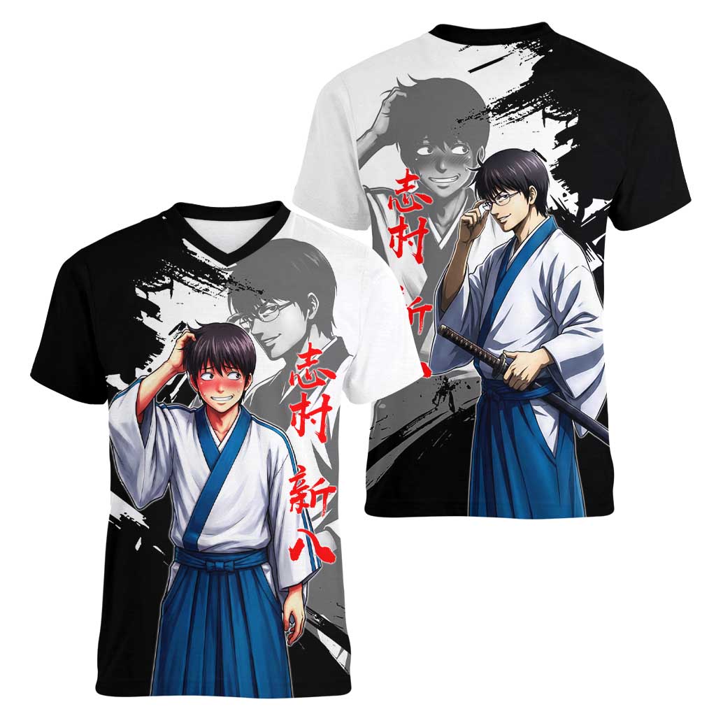 Shinpachi Shimura Women V-Neck T-Shirt Classic Comedy Samurai Ink Style
