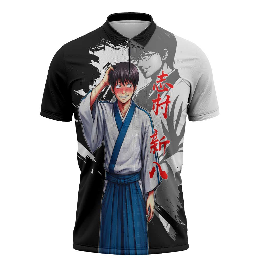 Shinpachi Shimura Zipper Polo Shirt Classic Comedy Samurai Ink Style