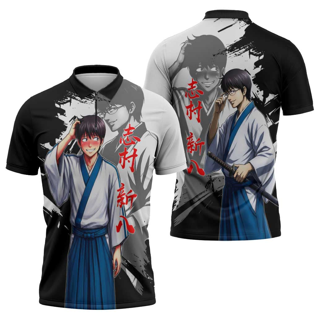 Shinpachi Shimura Zipper Polo Shirt Classic Comedy Samurai Ink Style
