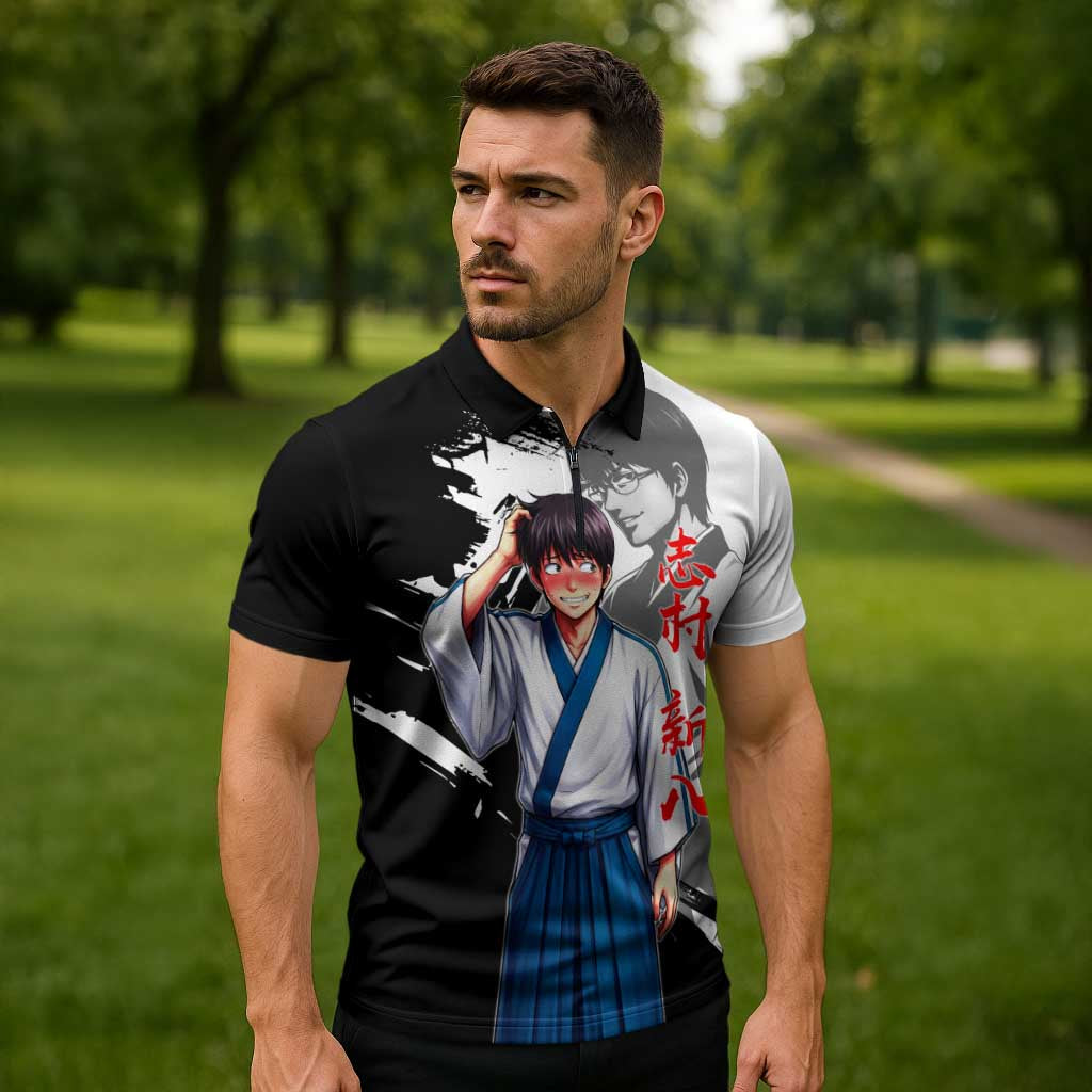 Shinpachi Shimura Zipper Polo Shirt Classic Comedy Samurai Ink Style