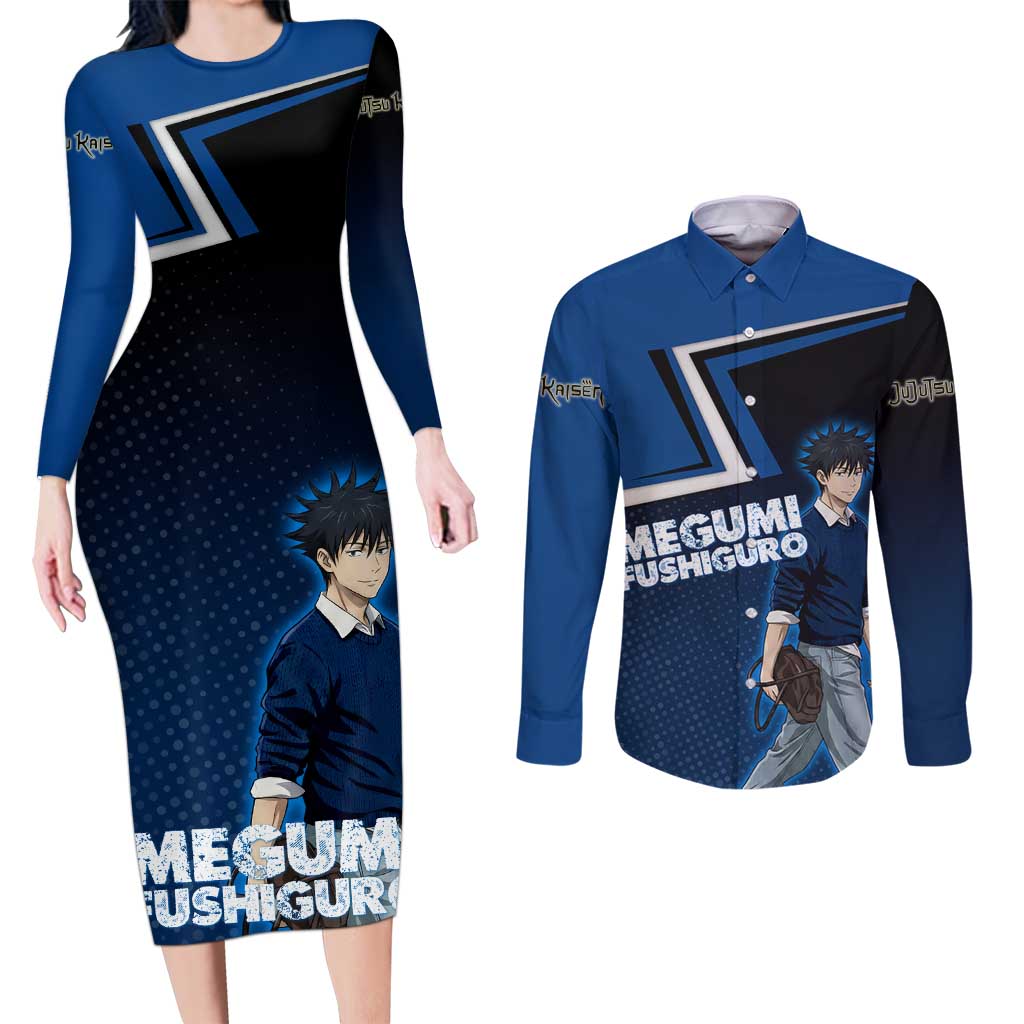 Megumi Fushiguro Couples Matching Long Sleeve Bodycon Dress and Long Sleeve Button Shirt Anime Pop Art Style