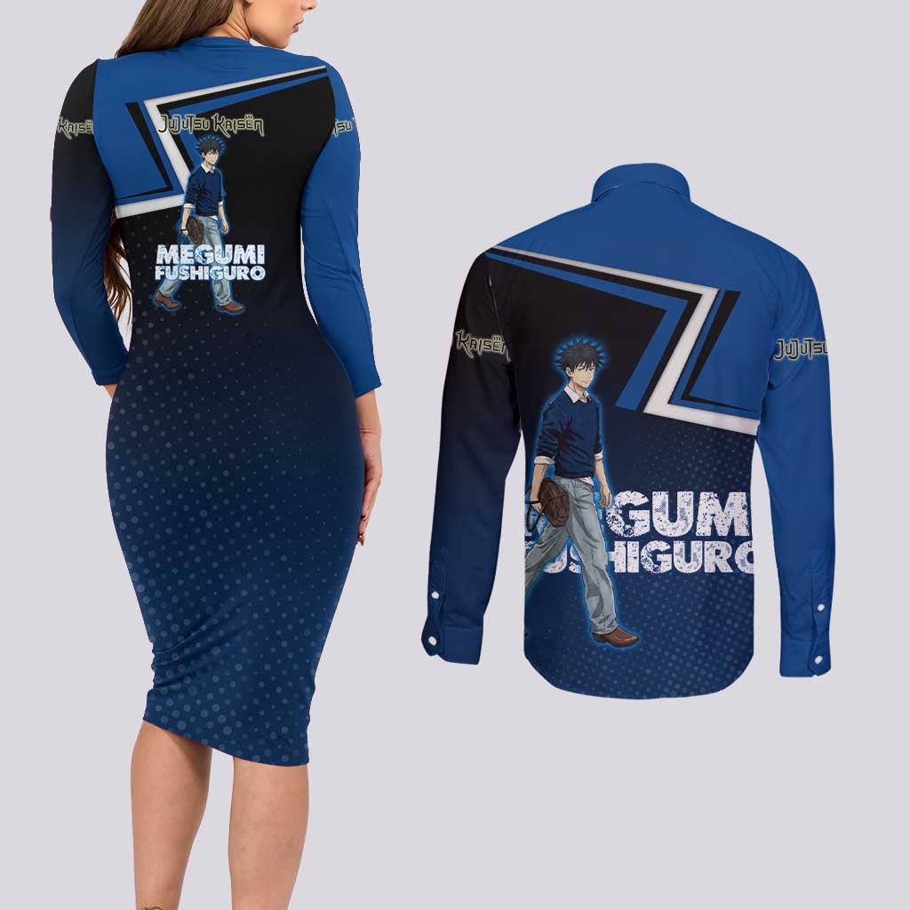 Megumi Fushiguro Couples Matching Long Sleeve Bodycon Dress and Long Sleeve Button Shirt Anime Pop Art Style