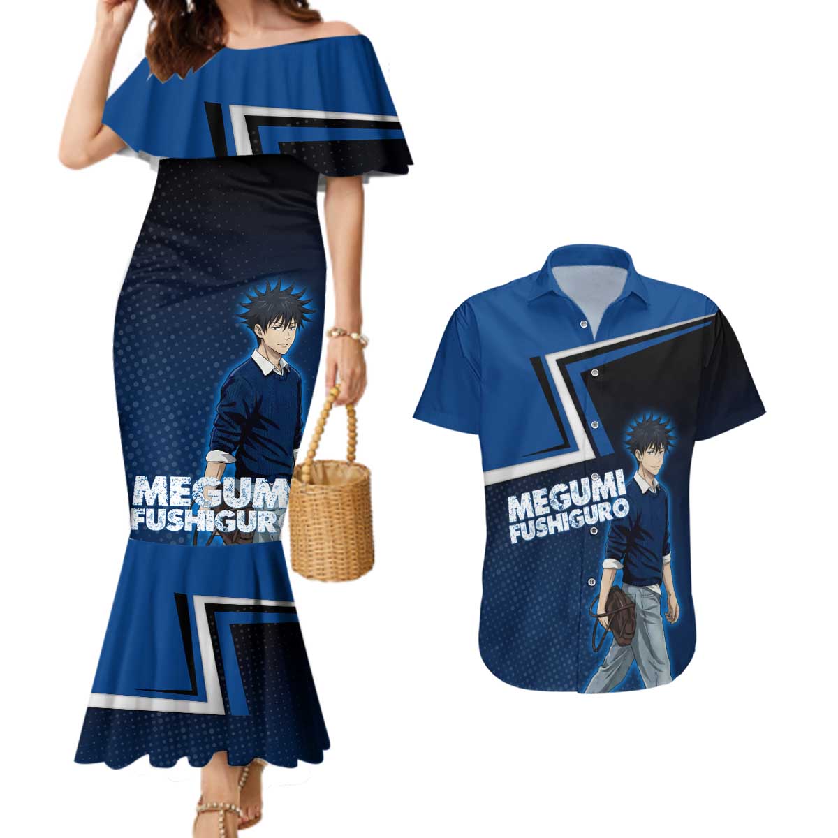 Megumi Fushiguro Couples Matching Mermaid Dress and Hawaiian Shirt Anime Pop Art Style