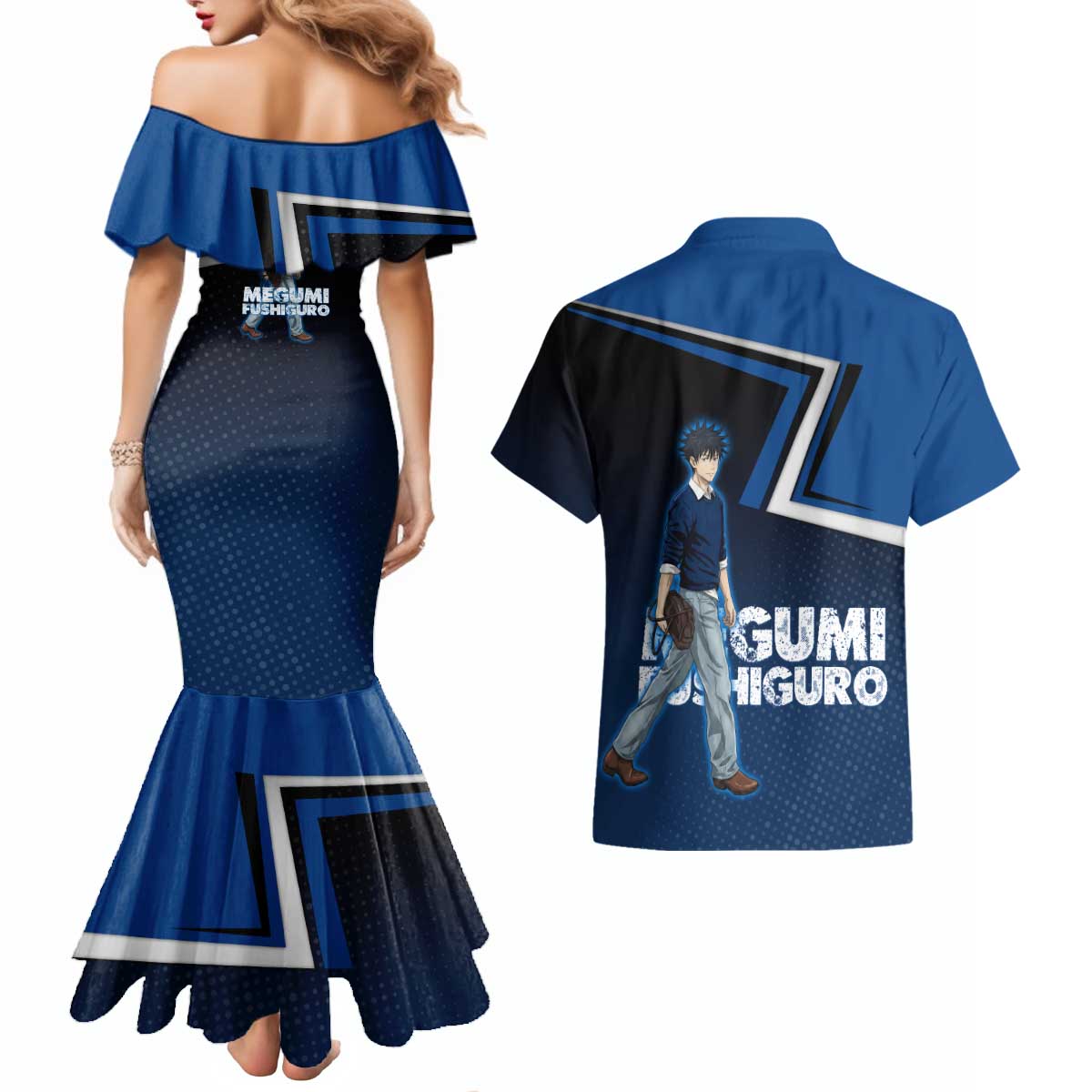 Megumi Fushiguro Couples Matching Mermaid Dress and Hawaiian Shirt Anime Pop Art Style