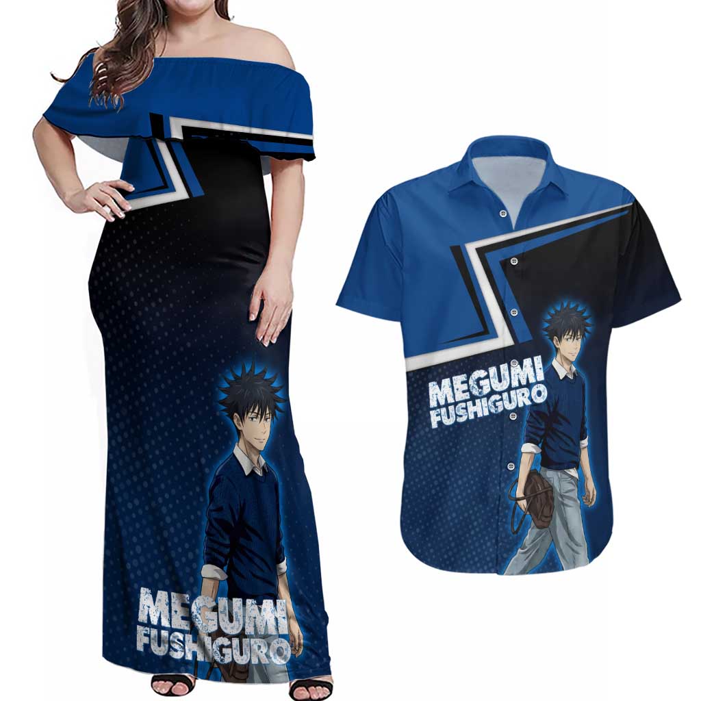 Megumi Fushiguro Couples Matching Off Shoulder Maxi Dress and Hawaiian Shirt Anime Pop Art Style
