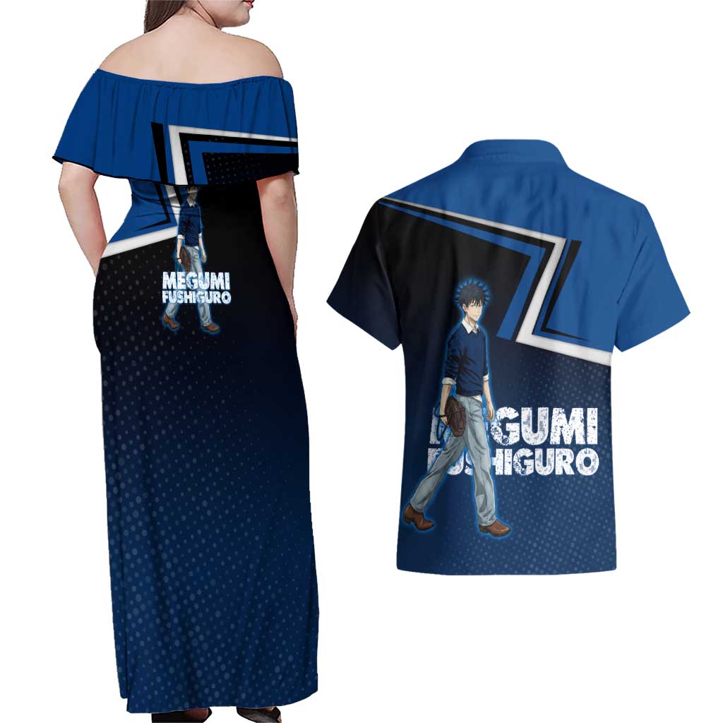 Megumi Fushiguro Couples Matching Off Shoulder Maxi Dress and Hawaiian Shirt Anime Pop Art Style