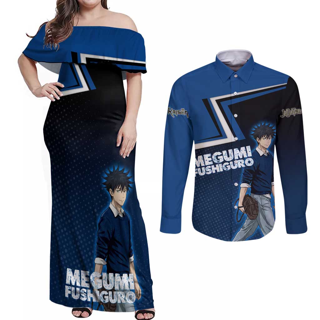 Megumi Fushiguro Couples Matching Off Shoulder Maxi Dress and Long Sleeve Button Shirt Anime Pop Art Style