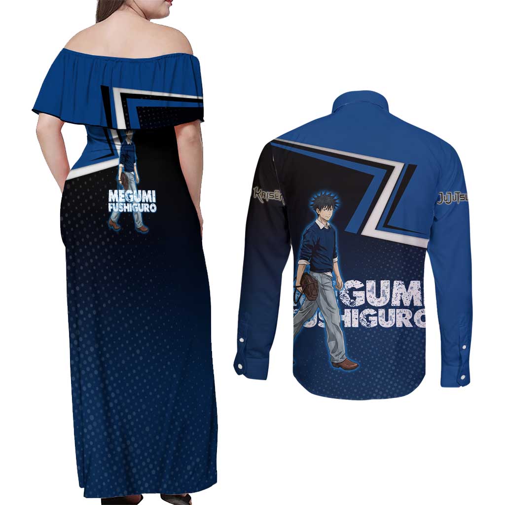 Megumi Fushiguro Couples Matching Off Shoulder Maxi Dress and Long Sleeve Button Shirt Anime Pop Art Style