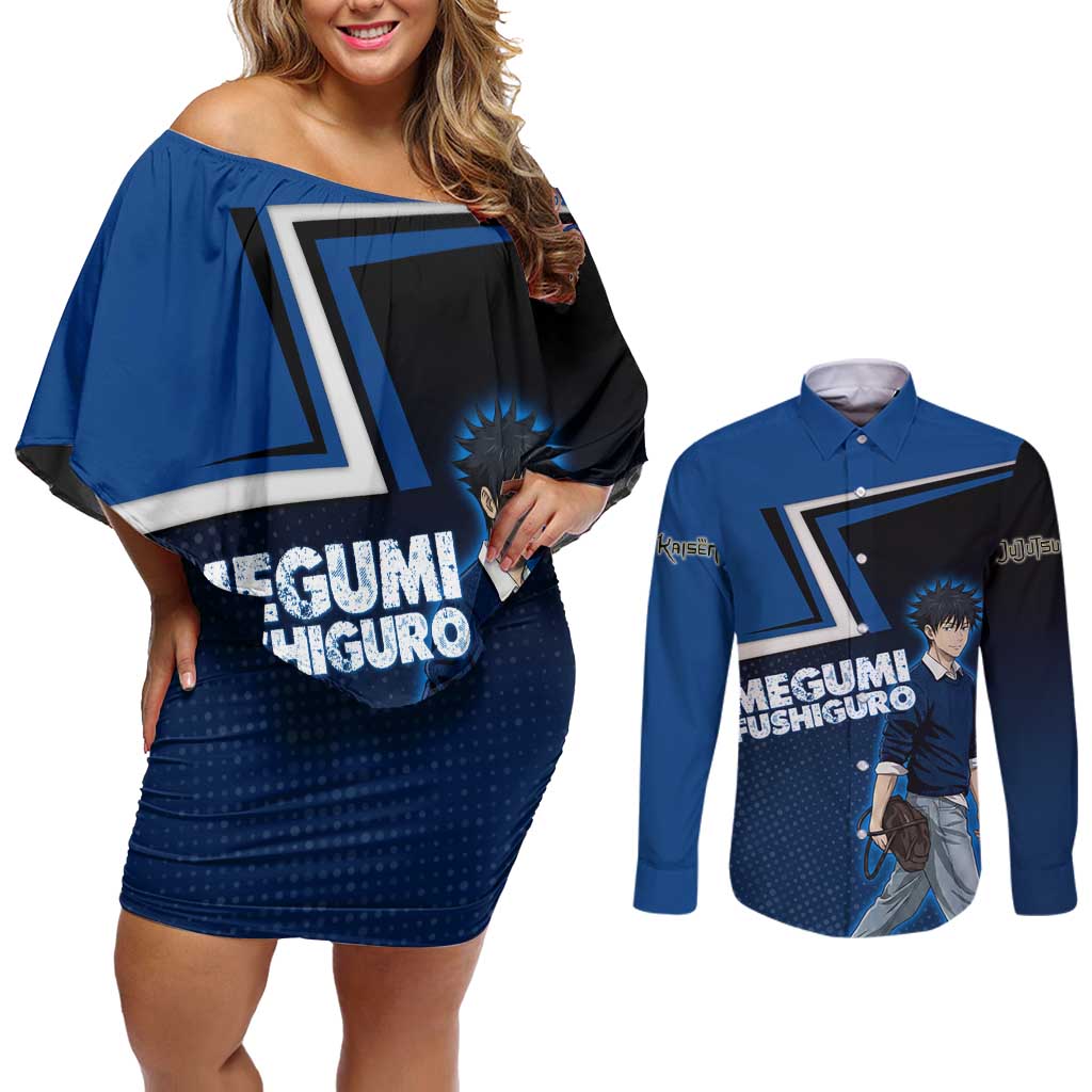 Megumi Fushiguro Couples Matching Off Shoulder Short Dress and Long Sleeve Button Shirt Anime Pop Art Style
