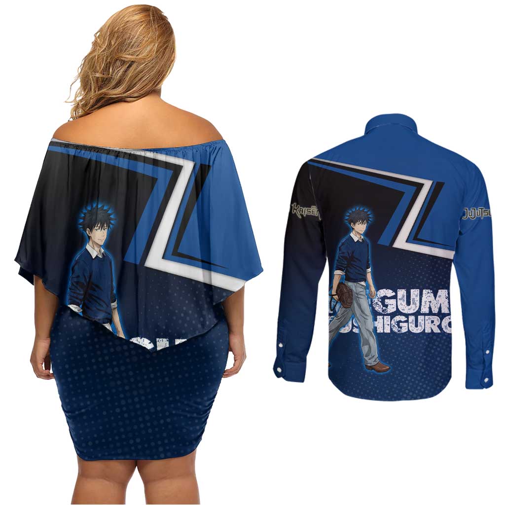 Megumi Fushiguro Couples Matching Off Shoulder Short Dress and Long Sleeve Button Shirt Anime Pop Art Style