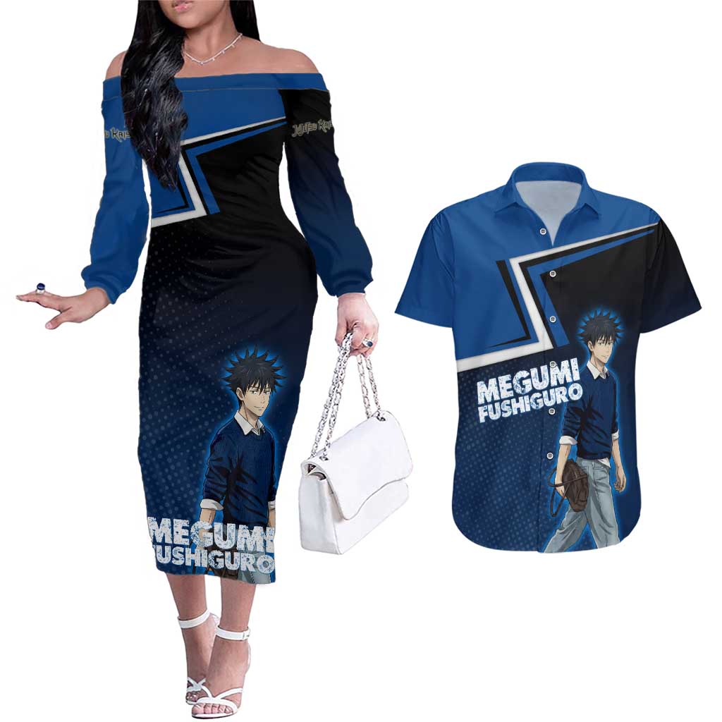 Megumi Fushiguro Couples Matching Off The Shoulder Long Sleeve Dress and Hawaiian Shirt Anime Pop Art Style