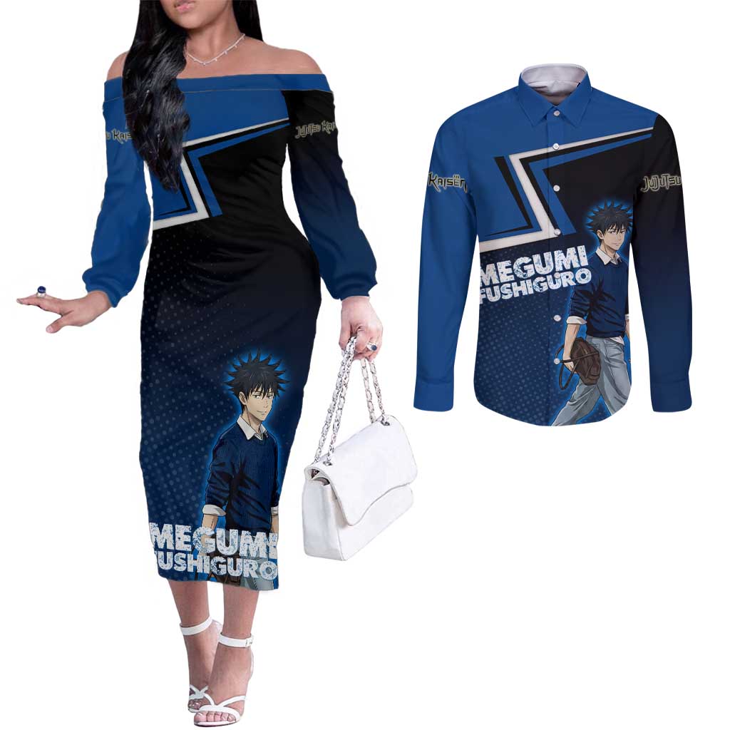 Megumi Fushiguro Couples Matching Off The Shoulder Long Sleeve Dress and Long Sleeve Button Shirt Anime Pop Art Style