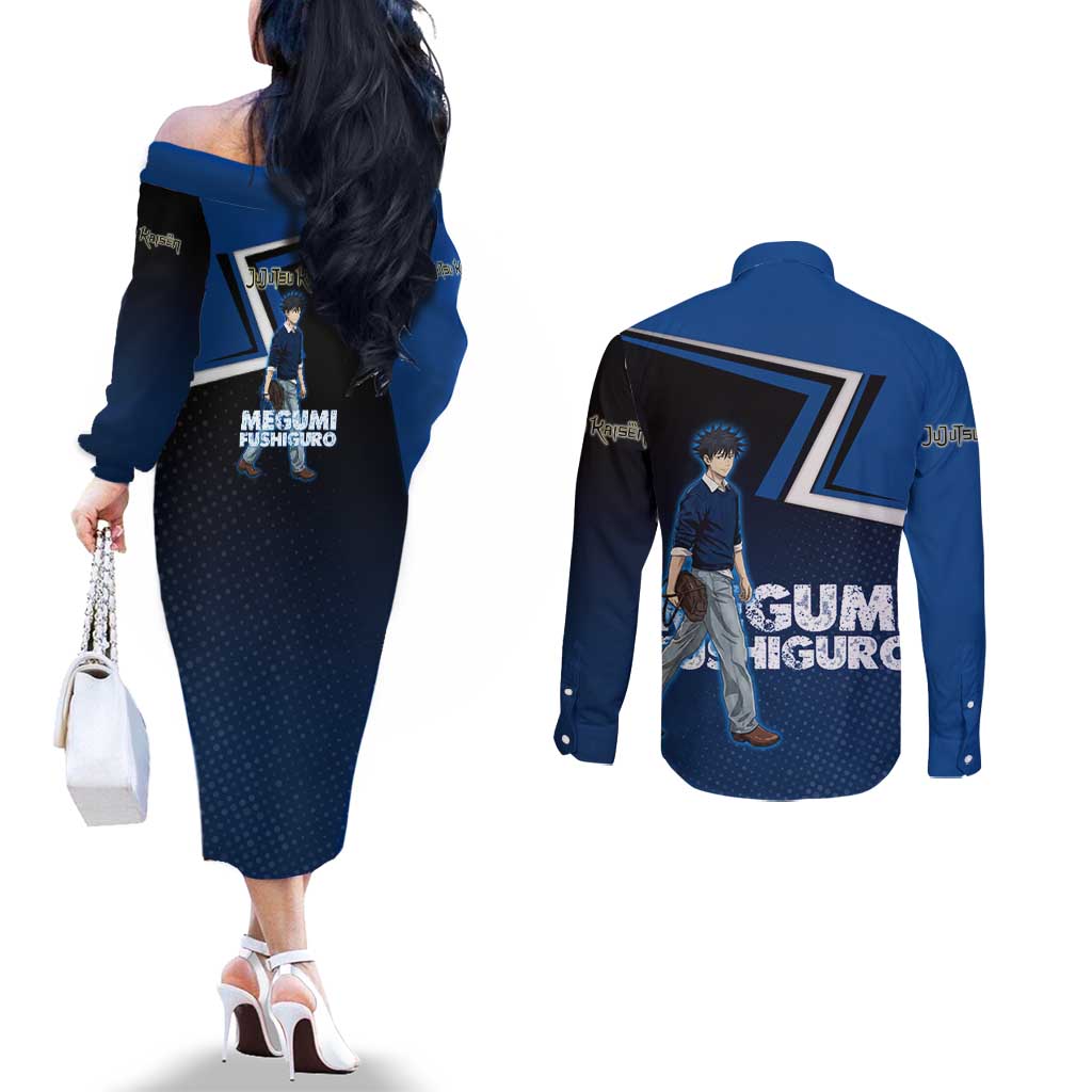 Megumi Fushiguro Couples Matching Off The Shoulder Long Sleeve Dress and Long Sleeve Button Shirt Anime Pop Art Style