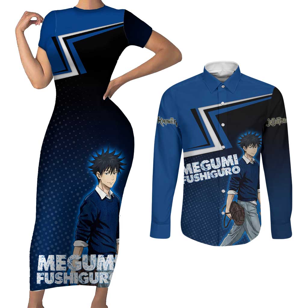 Megumi Fushiguro Couples Matching Short Sleeve Bodycon Dress and Long Sleeve Button Shirt Anime Pop Art Style