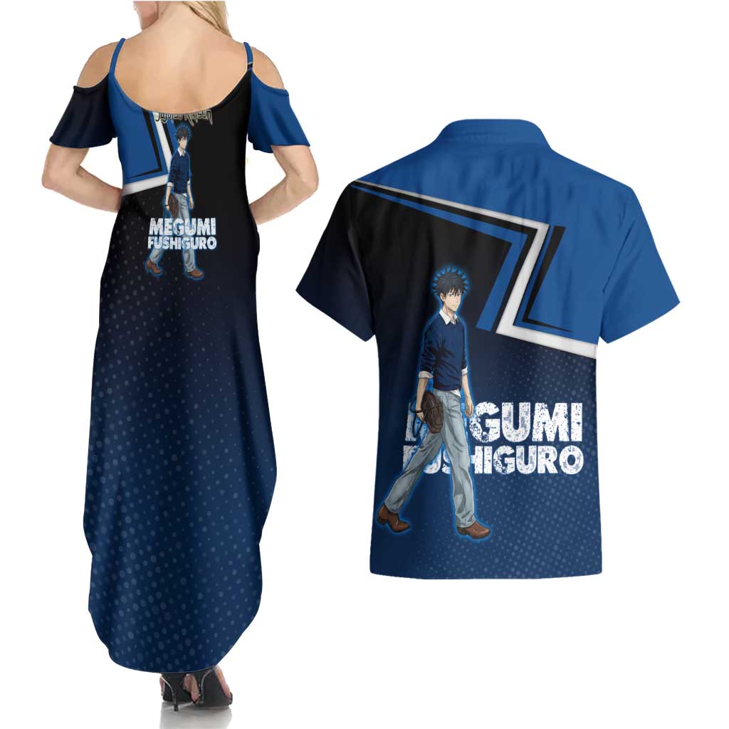 Megumi Fushiguro Couples Matching Summer Maxi Dress and Hawaiian Shirt Anime Pop Art Style