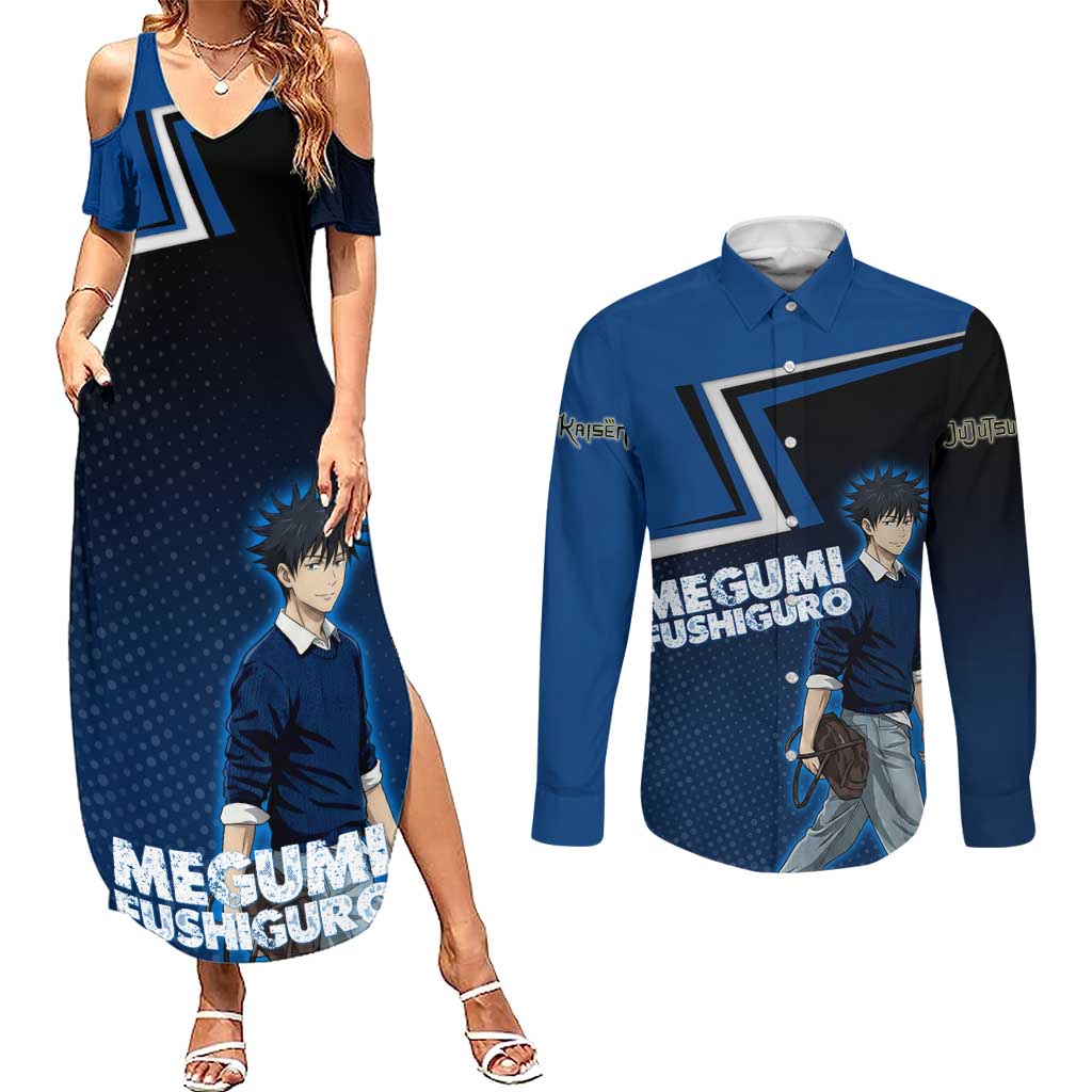 Megumi Fushiguro Couples Matching Summer Maxi Dress and Long Sleeve Button Shirt Anime Pop Art Style