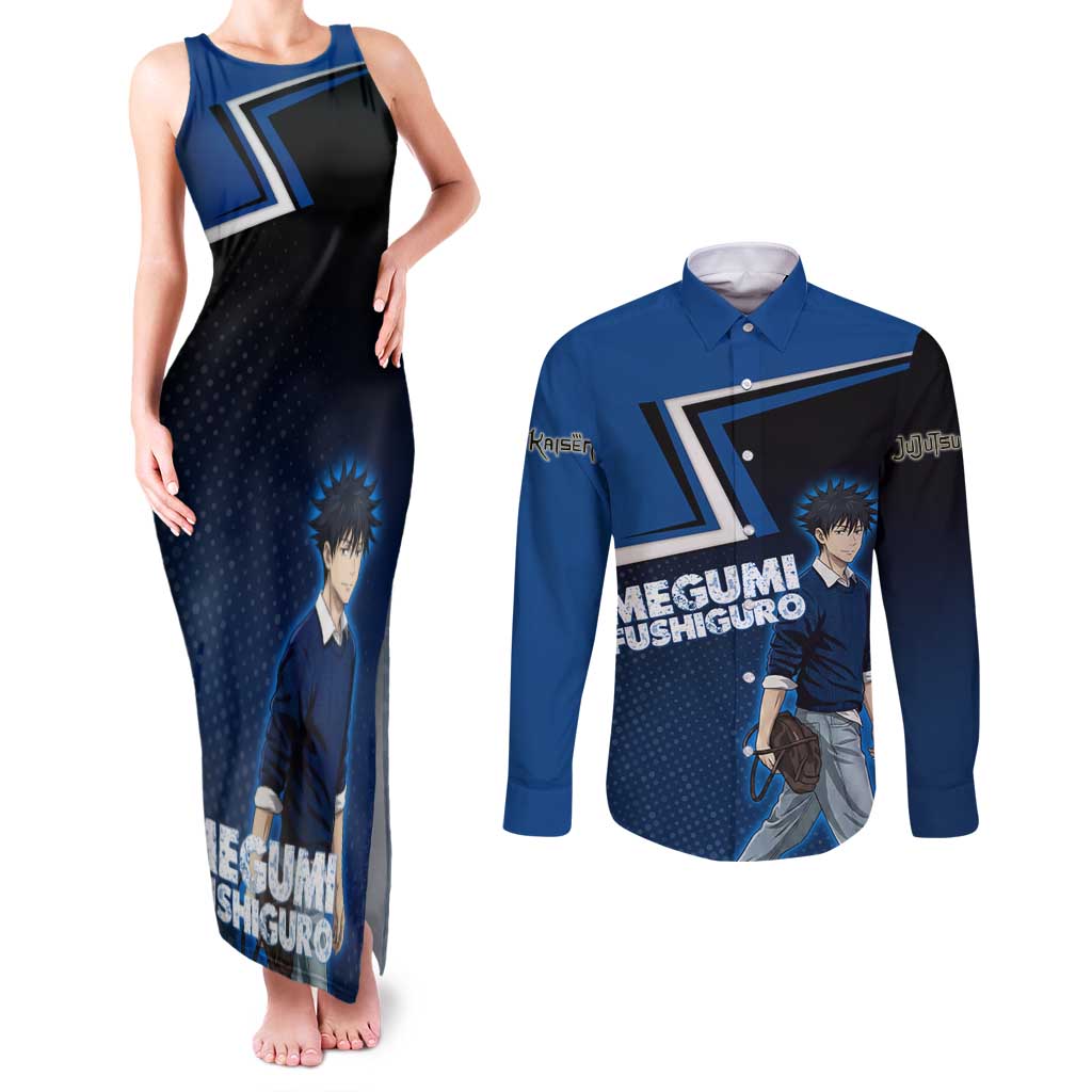 Megumi Fushiguro Couples Matching Tank Maxi Dress and Long Sleeve Button Shirt Anime Pop Art Style