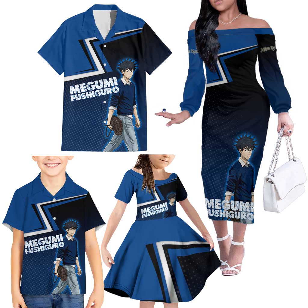 Megumi Fushiguro Family Matching Off The Shoulder Long Sleeve Dress and Hawaiian Shirt Anime Pop Art Style