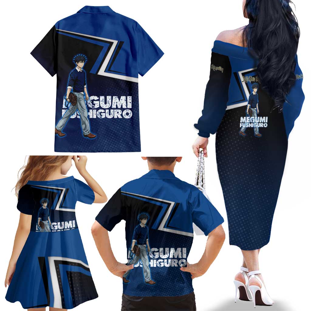 Megumi Fushiguro Family Matching Off The Shoulder Long Sleeve Dress and Hawaiian Shirt Anime Pop Art Style