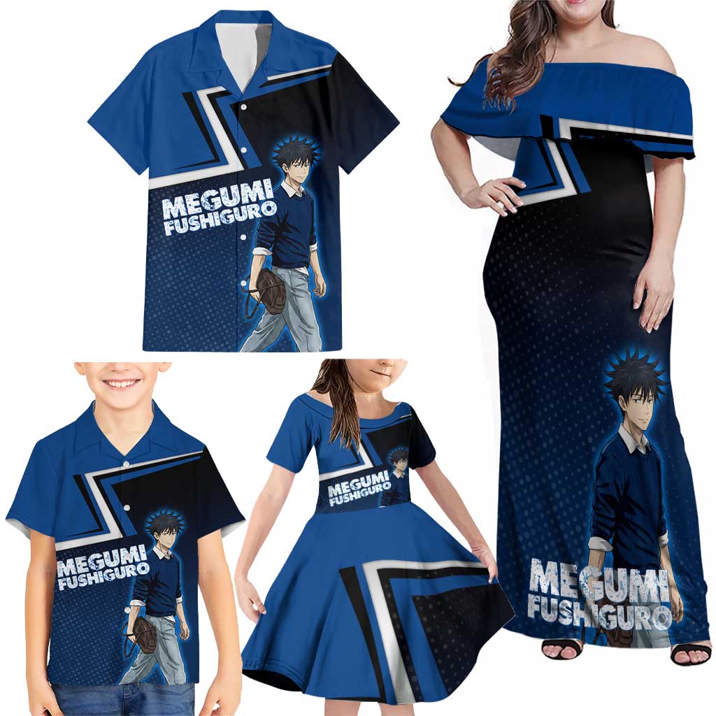 Megumi Fushiguro Family Matching Off Shoulder Maxi Dress and Hawaiian Shirt Anime Pop Art Style