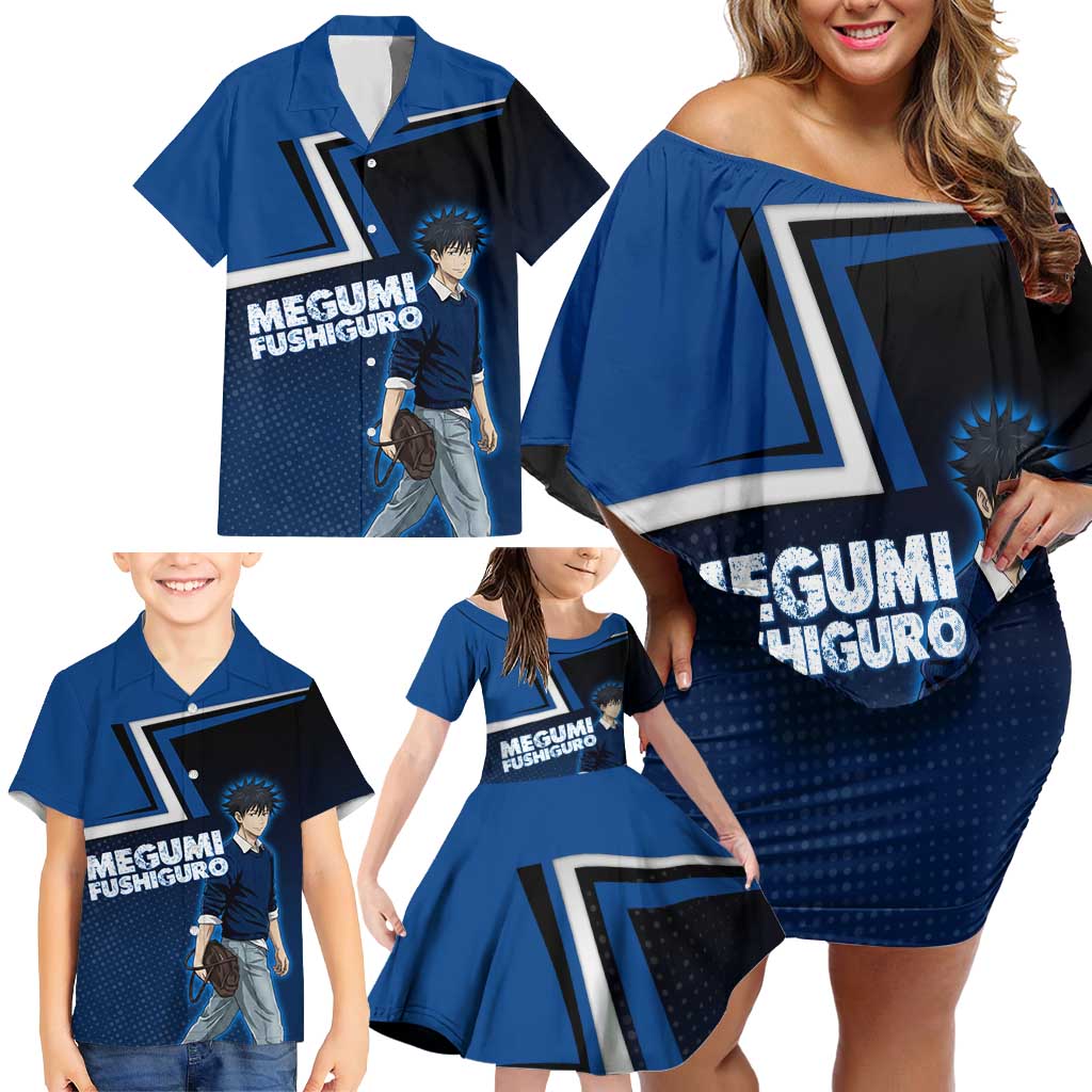 Megumi Fushiguro Family Matching Off Shoulder Short Dress and Hawaiian Shirt Anime Pop Art Style