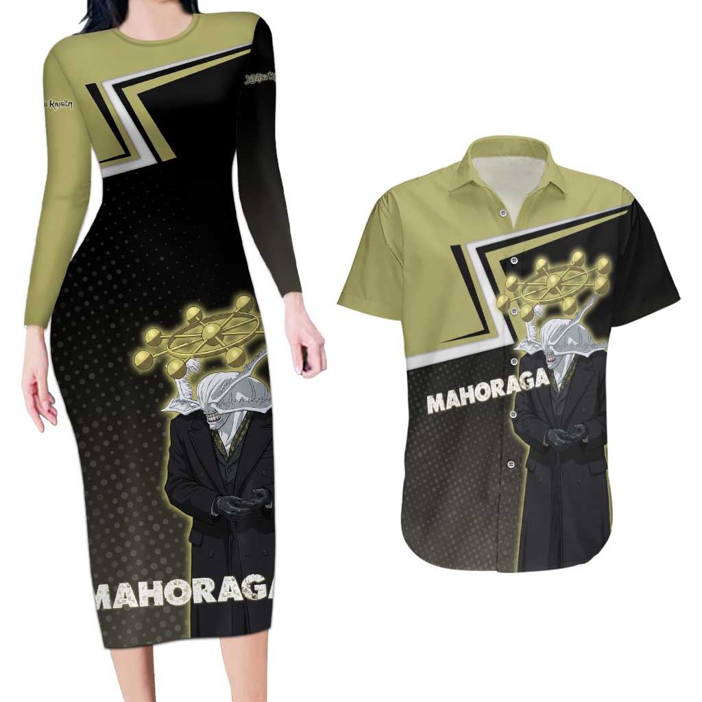 Mahoraga Jujutsu Kaisen Couples Matching Long Sleeve Bodycon Dress and Hawaiian Shirt Monochrome Urban Manga Style