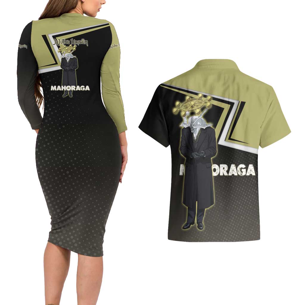 Mahoraga Jujutsu Kaisen Couples Matching Long Sleeve Bodycon Dress and Hawaiian Shirt Monochrome Urban Manga Style