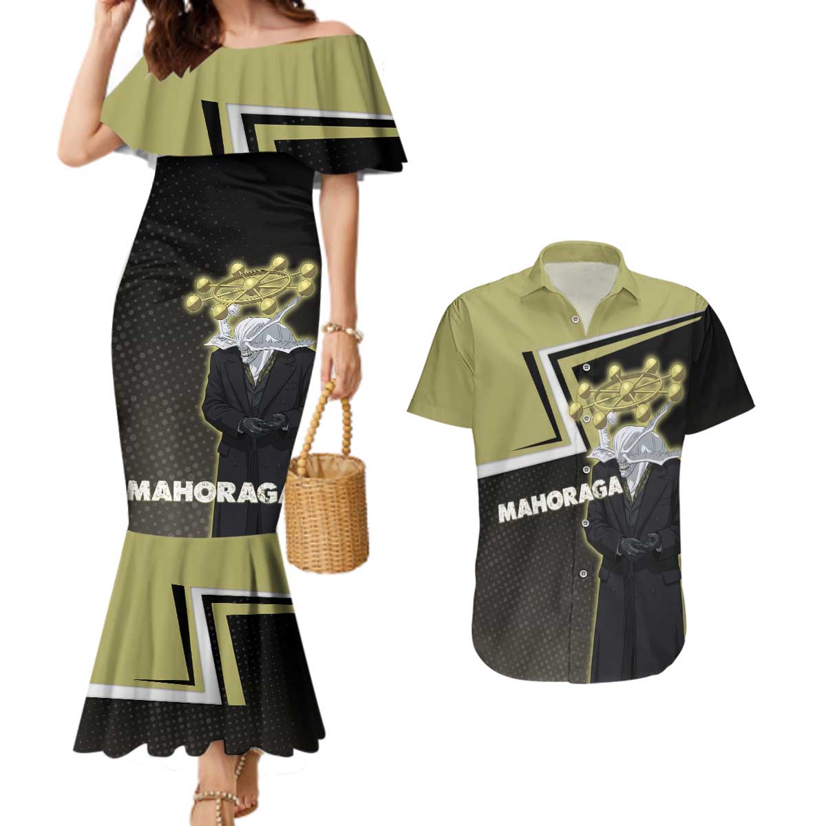 Mahoraga Jujutsu Kaisen Couples Matching Mermaid Dress and Hawaiian Shirt Monochrome Urban Manga Style