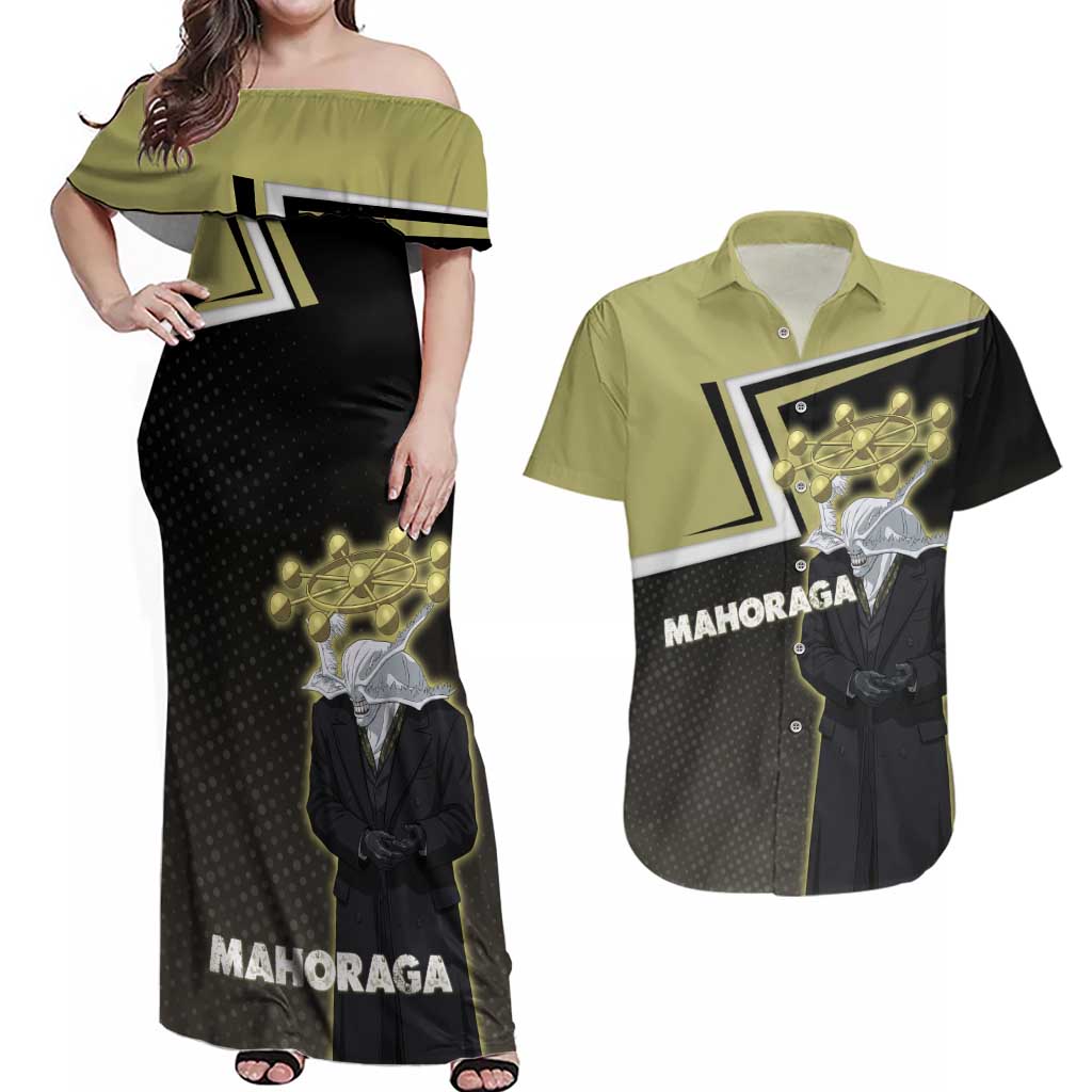 Mahoraga Jujutsu Kaisen Couples Matching Off Shoulder Maxi Dress and Hawaiian Shirt Monochrome Urban Manga Style