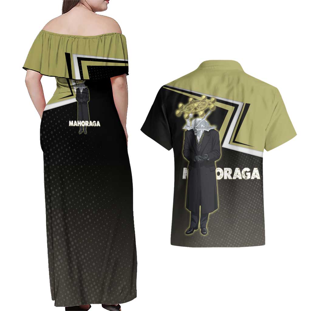 Mahoraga Jujutsu Kaisen Couples Matching Off Shoulder Maxi Dress and Hawaiian Shirt Monochrome Urban Manga Style