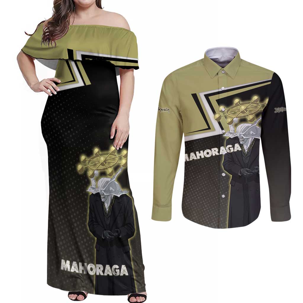 Mahoraga Jujutsu Kaisen Couples Matching Off Shoulder Maxi Dress and Long Sleeve Button Shirt Monochrome Urban Manga Style