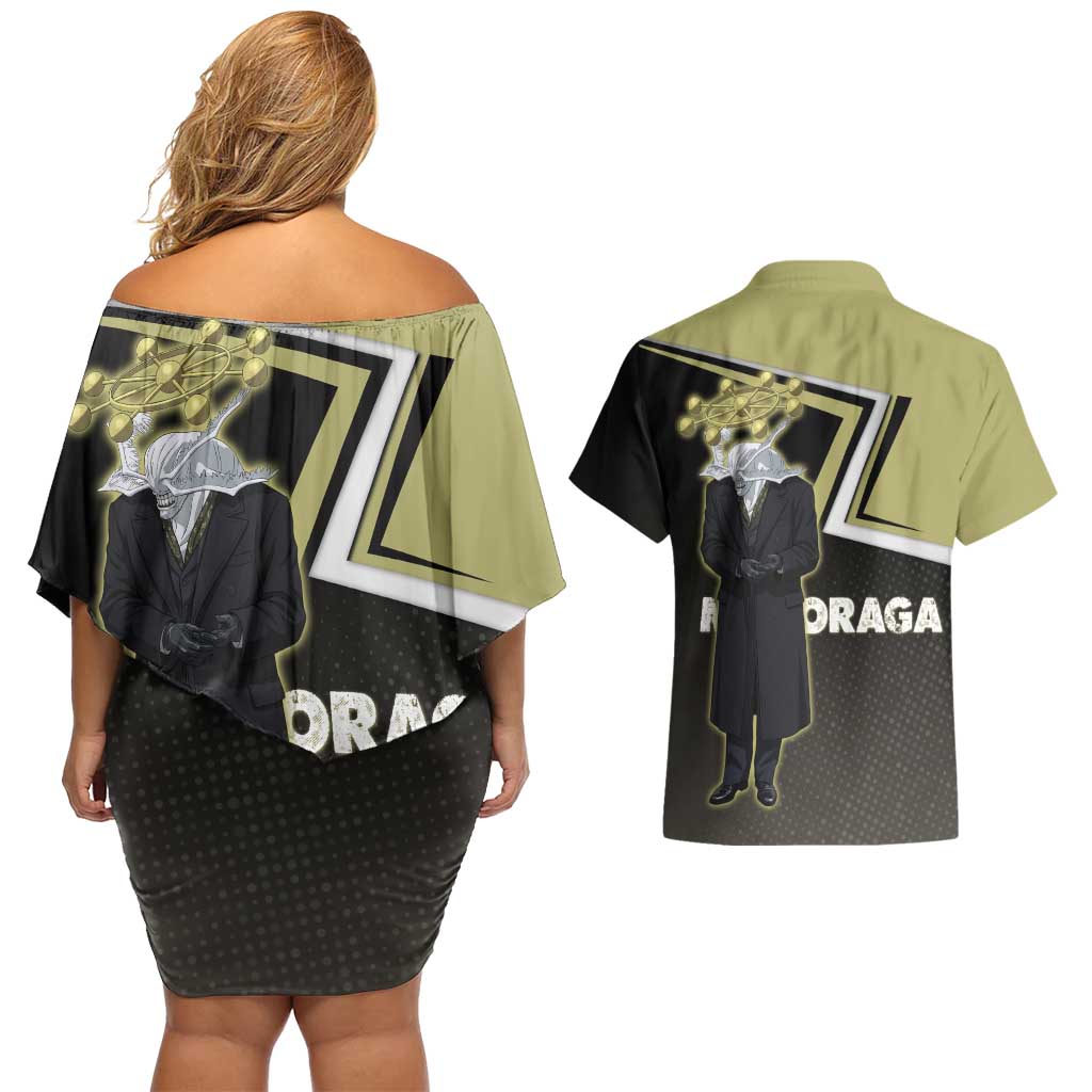 Mahoraga Jujutsu Kaisen Couples Matching Off Shoulder Short Dress and Hawaiian Shirt Monochrome Urban Manga Style