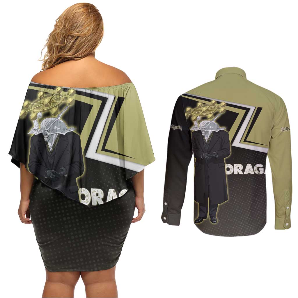 Mahoraga Jujutsu Kaisen Couples Matching Off Shoulder Short Dress and Long Sleeve Button Shirt Monochrome Urban Manga Style