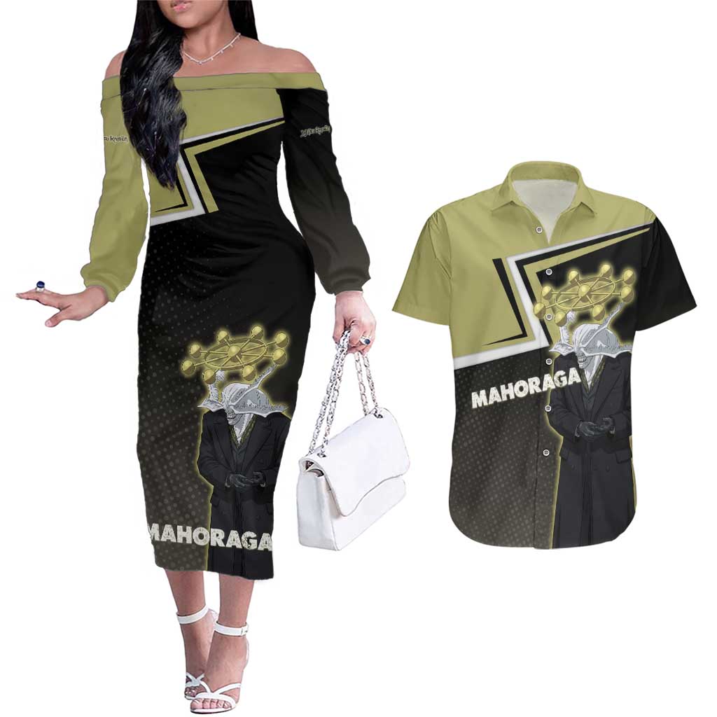 Mahoraga Jujutsu Kaisen Couples Matching Off The Shoulder Long Sleeve Dress and Hawaiian Shirt Monochrome Urban Manga Style