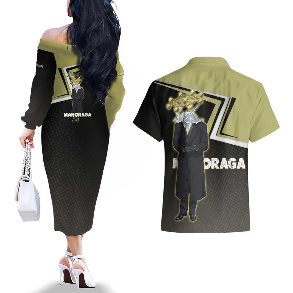 Mahoraga Jujutsu Kaisen Couples Matching Off The Shoulder Long Sleeve Dress and Hawaiian Shirt Monochrome Urban Manga Style