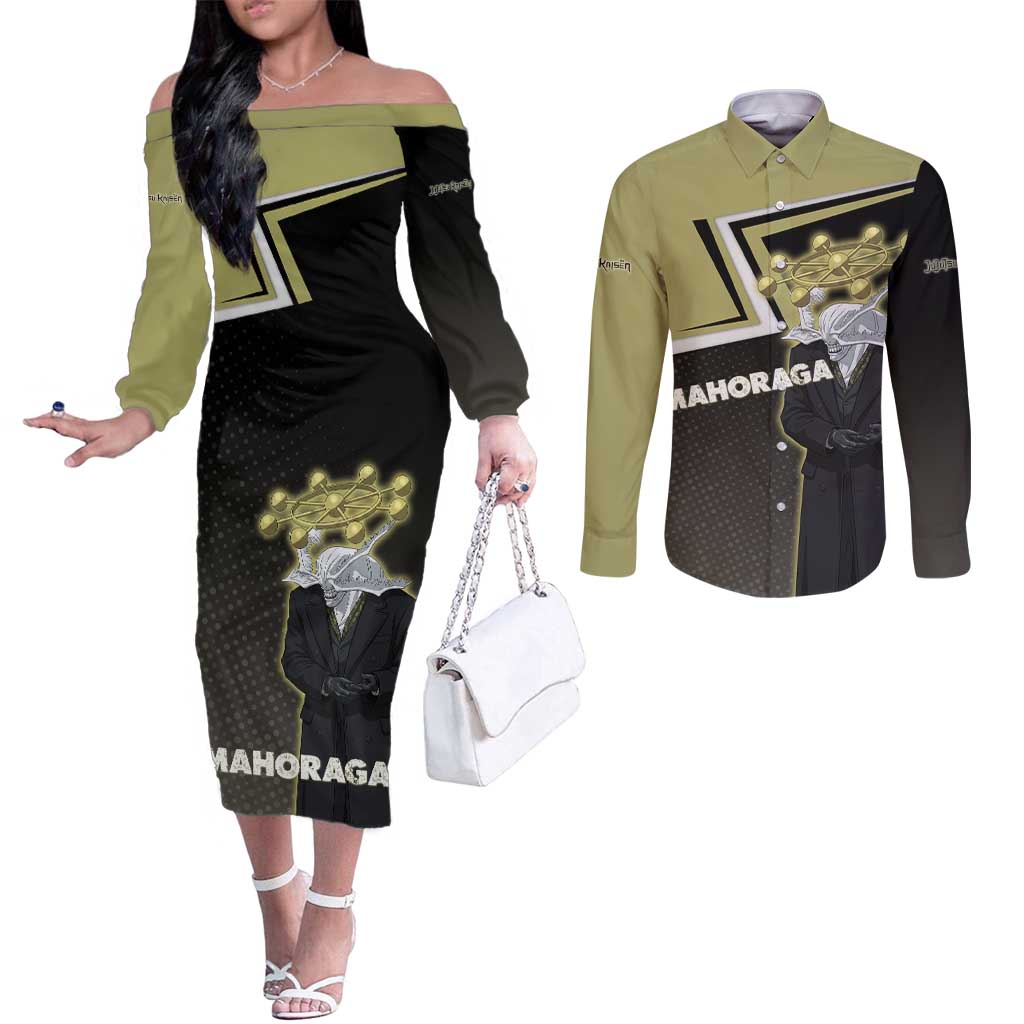 Mahoraga Jujutsu Kaisen Couples Matching Off The Shoulder Long Sleeve Dress and Long Sleeve Button Shirt Monochrome Urban Manga Style