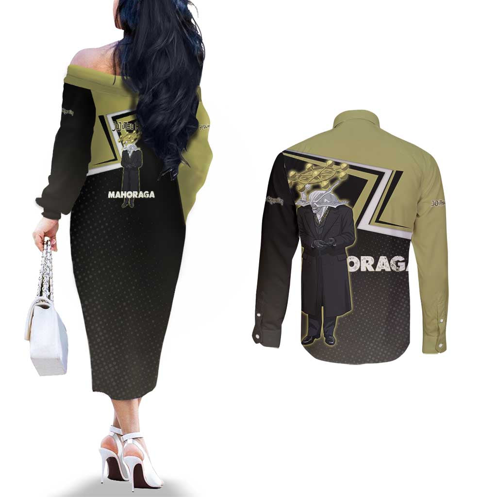 Mahoraga Jujutsu Kaisen Couples Matching Off The Shoulder Long Sleeve Dress and Long Sleeve Button Shirt Monochrome Urban Manga Style